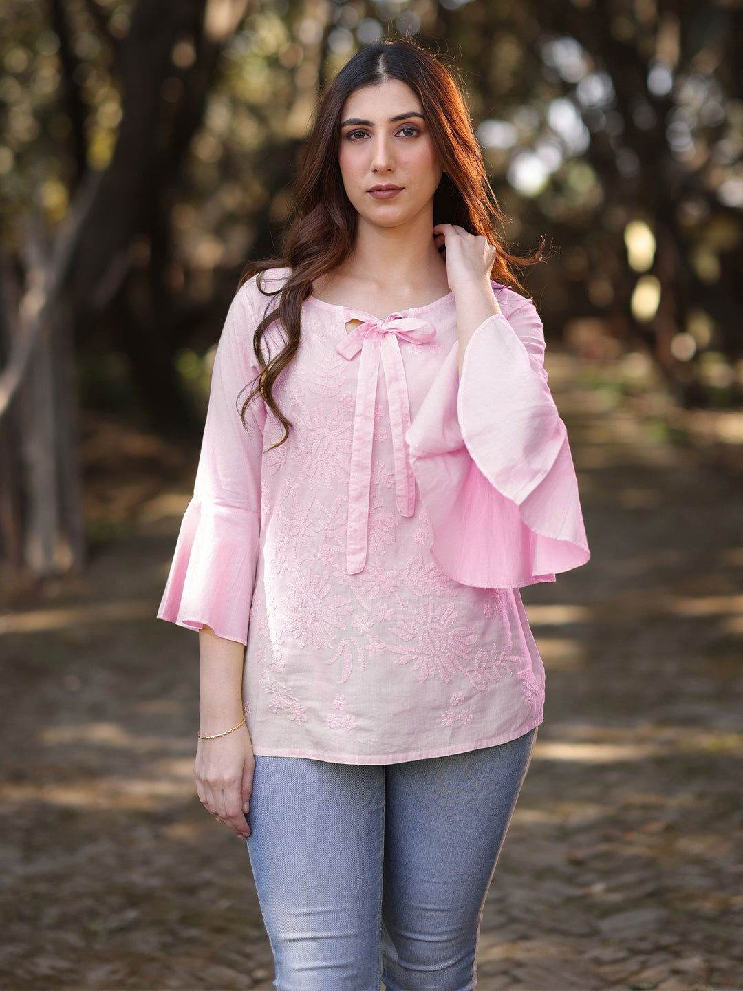 IQRA Chikankari Cotton Bell Sleeves Top - KRI CHIKANKARI